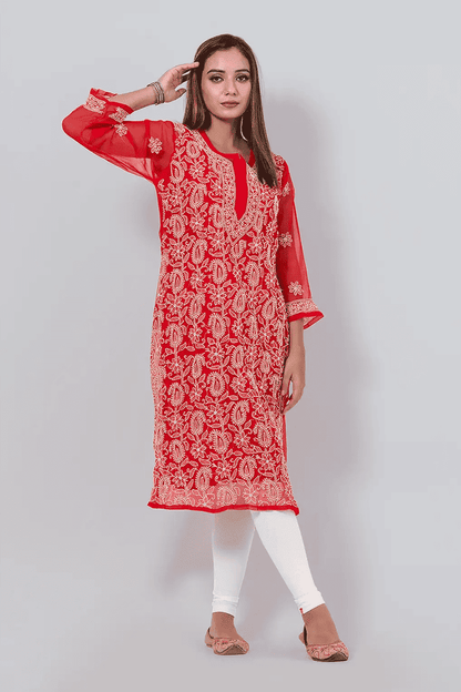 Fabnuma Handcrafted  Chikankari Red Georgette Kurti - Fabnuma