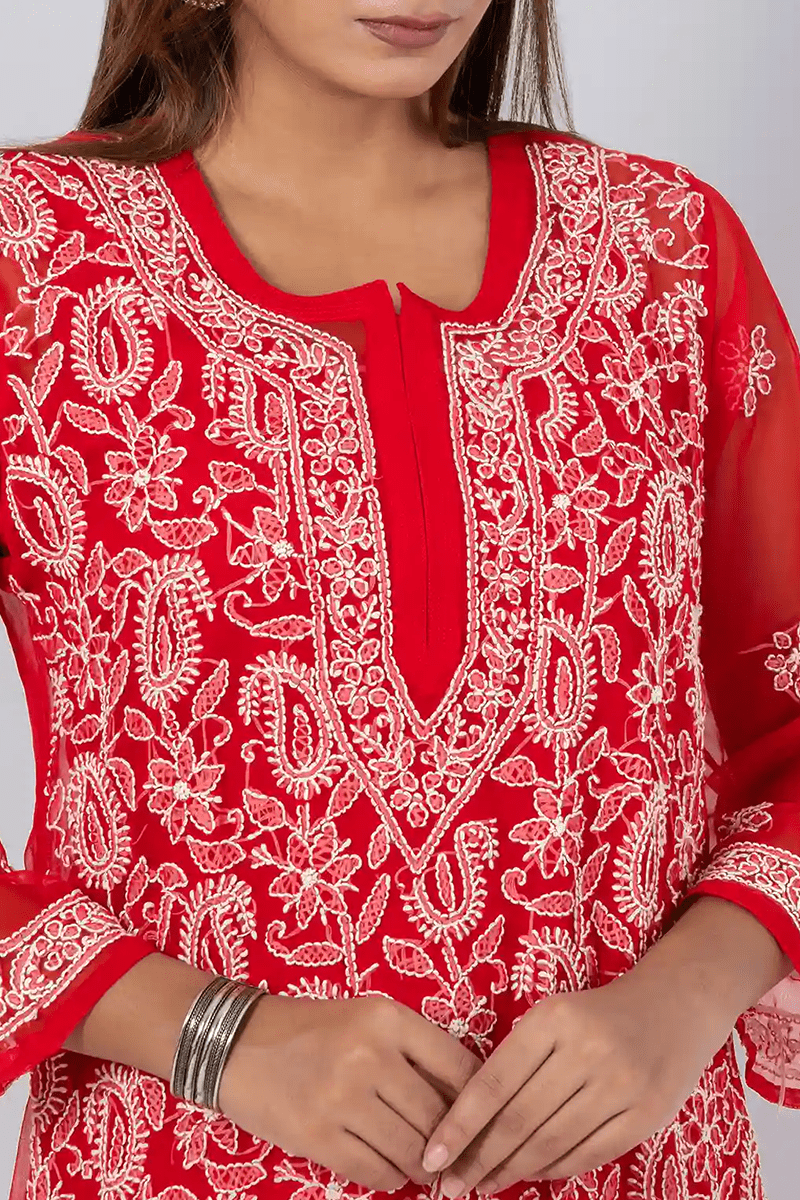 Fabnuma Handcrafted  Chikankari Red Georgette Kurti - Fabnuma