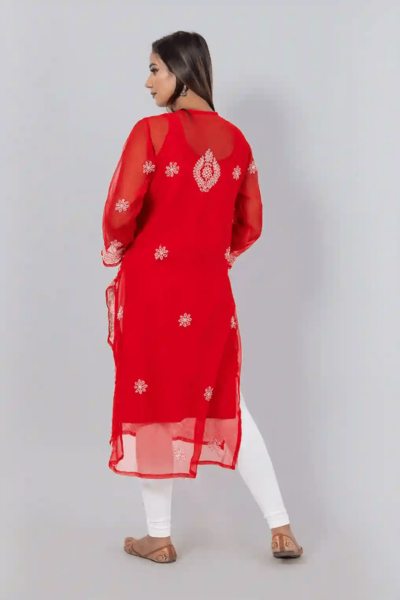 Fabnuma Handcrafted  Chikankari Red Georgette Kurti - Fabnuma