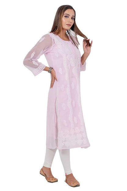 Fabnuma Handcrafted  Baby Pink Chikankari Georgette Kurti - Fabnuma