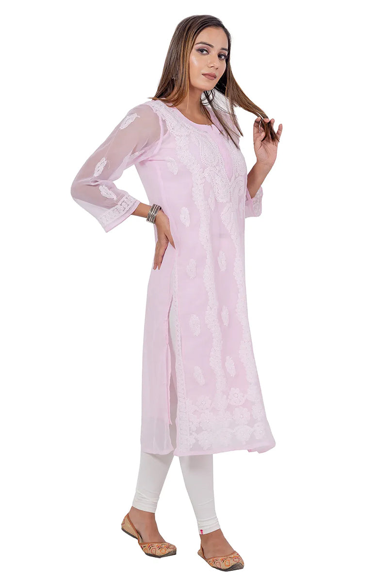 Fabnuma Handcrafted  Baby Pink Chikankari Georgette Kurti - Fabnuma