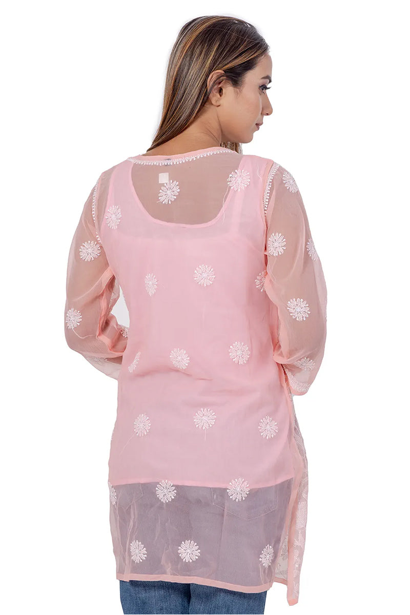 Fabnuma Handcrafted  Chikankari Peach Georgette Short Kurti - Fabnuma