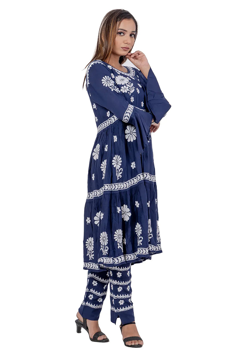 Fabnuma Handcrafted Blue Rayon Cotton Chikankari A-Line Kurta Bottom Set - Fabnuma