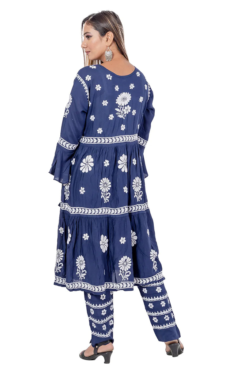 Fabnuma Handcrafted Blue Rayon Cotton Chikankari A-Line Kurta Bottom Set - Fabnuma