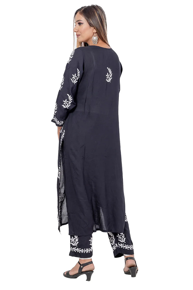 Fabnuma Handcrafted Black Rayon Cotton Chikankari Kurta Bottom Set - Fabnuma