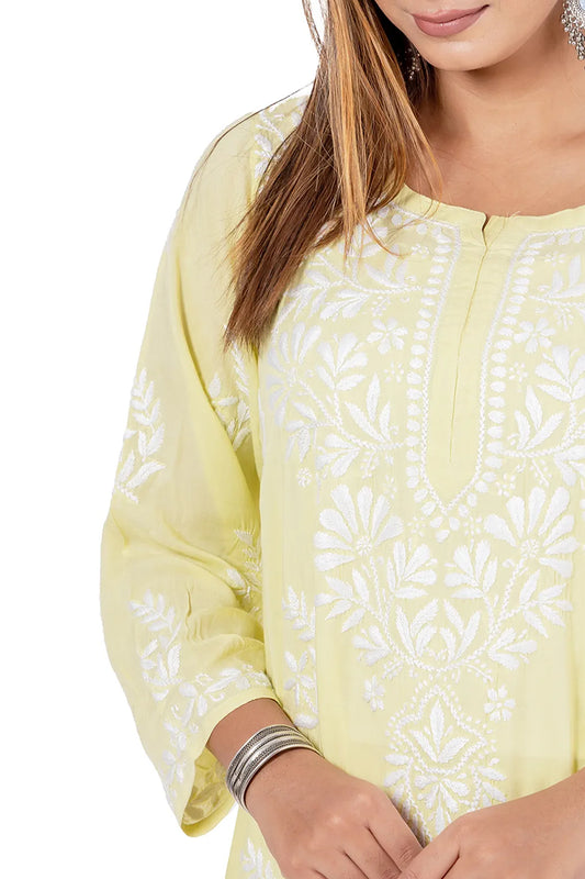 Fabnuma Handcrafted Lemon Rayon Cotton Chikankari Kurta Bottom Set - Fabnuma