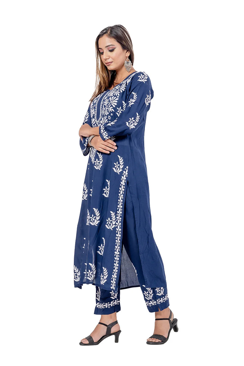 Fabnuma Handcrafted Blue Rayon Cotton Chikankari Kurta Bottom Set - Fabnuma