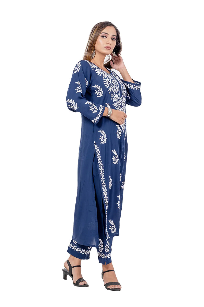 Fabnuma Handcrafted Blue Rayon Cotton Chikankari Kurta Bottom Set - Fabnuma