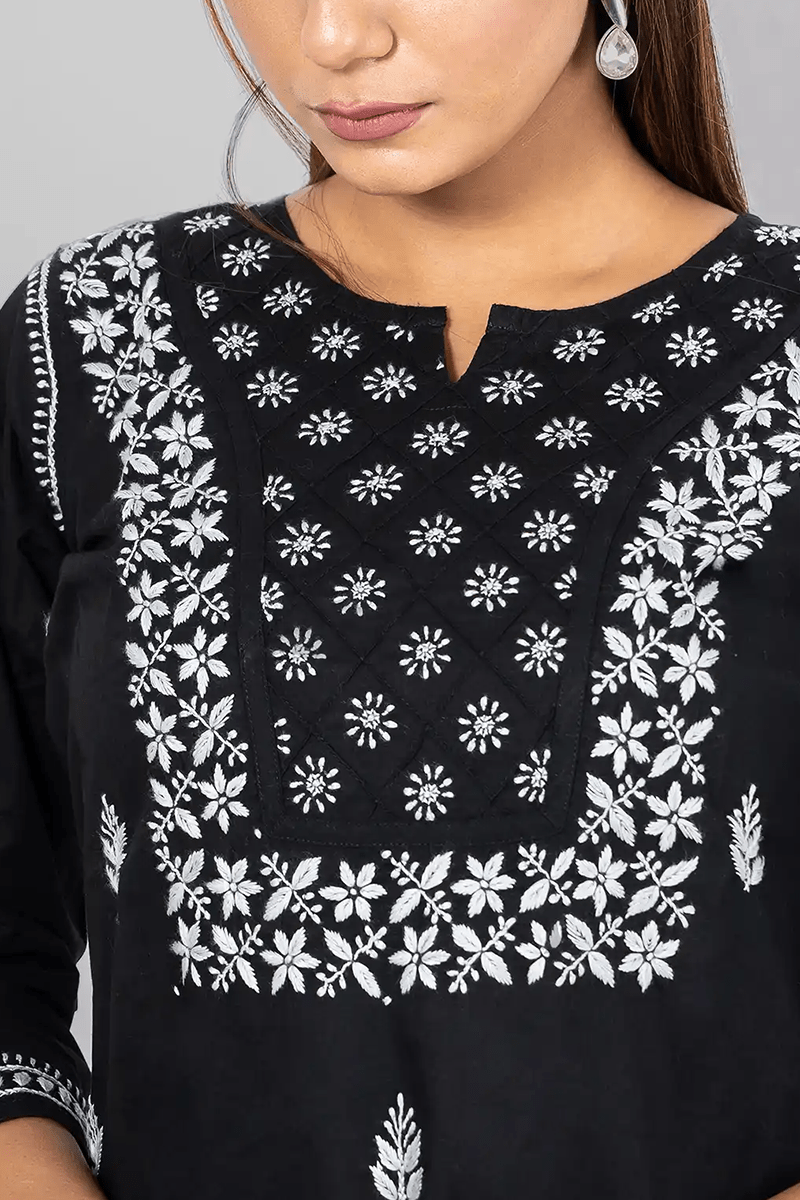 Fabnuma Handcrafted Chikankari Cotton Black Short Top with white floral and geometric embroidery on cotton fabric.