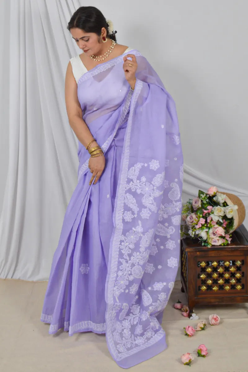 Handcrafted Lavender Cotton Saree with intricate Lucknowi Chikankari Embroidery and a Matching Blouse, ideal for Festive and  Occasions.