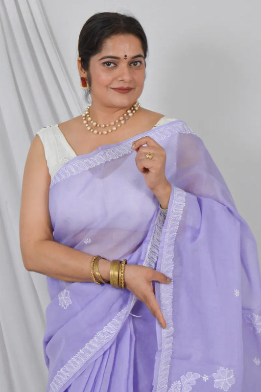 Handcrafted Lavender Cotton Saree with intricate Lucknowi Chikankari Embroidery and a Matching Blouse, ideal for Festive and  Occasions.