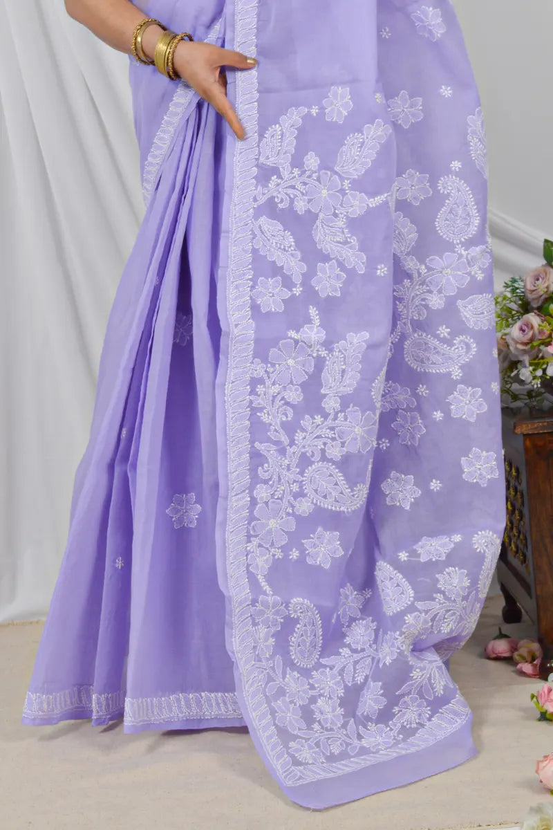 Handcrafted Lavender Cotton Saree with intricate Lucknowi Chikankari Embroidery and a Matching Blouse, ideal for Festive and  Occasions.
