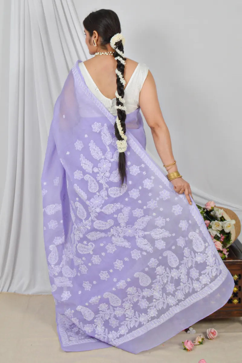 Handcrafted Lavender Cotton Saree with intricate Lucknowi Chikankari Embroidery and a Matching Blouse, ideal for Festive and  Occasions.