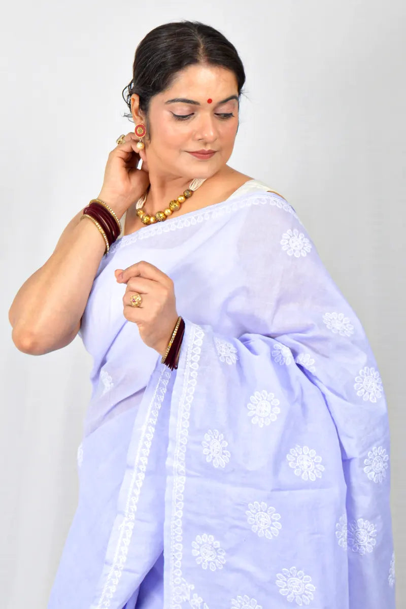 Lavender Cotton saree with hand-embroidered Lucknowi Chikankari and matching blouse – handcrafted ethnic saree by MeMaana