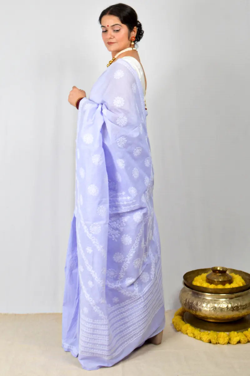 Lavender Cotton saree with hand-embroidered Lucknowi Chikankari and matching blouse – handcrafted ethnic saree by MeMaana