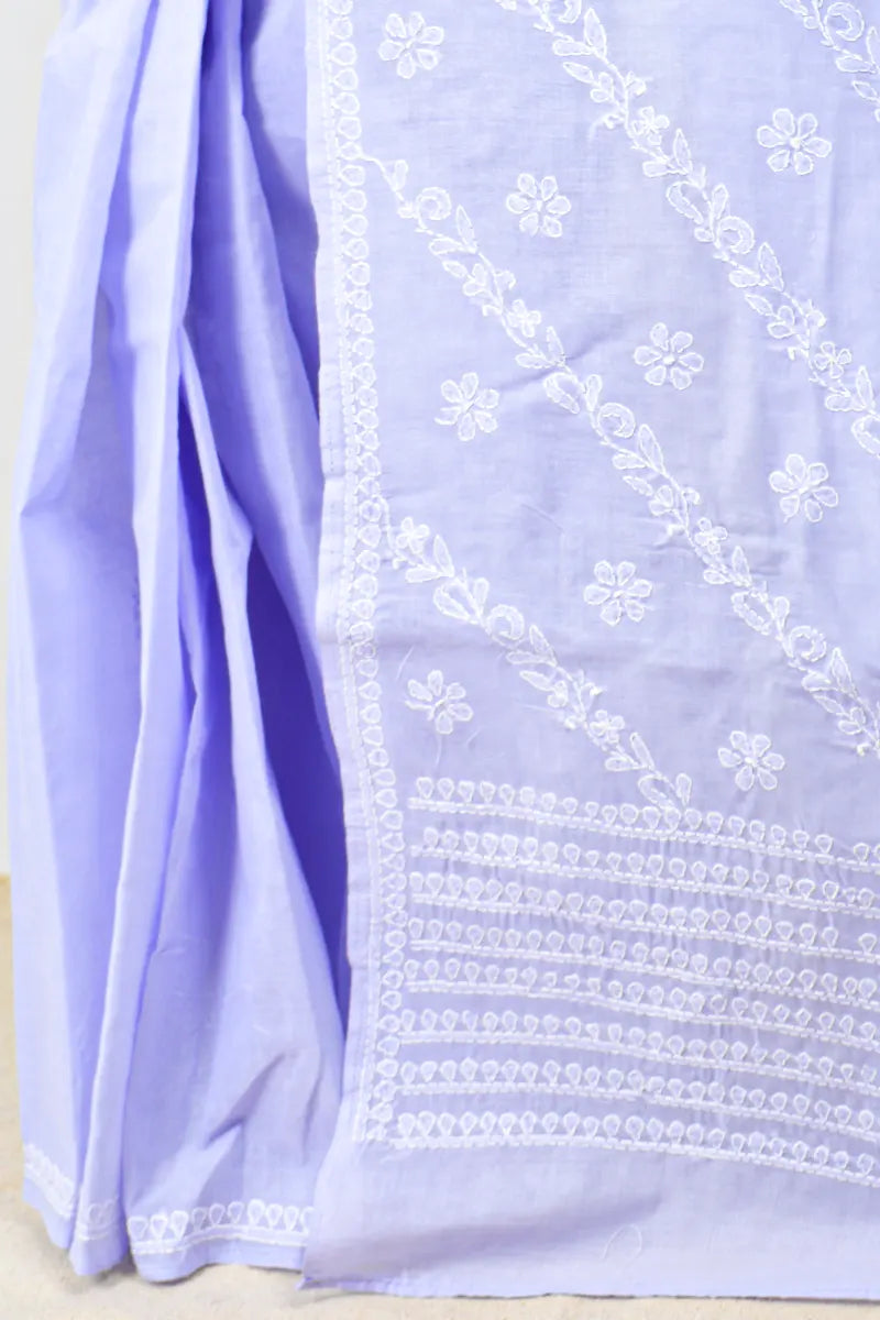 Lavender Cotton saree with hand-embroidered Lucknowi Chikankari and matching blouse – handcrafted ethnic saree by MeMaana