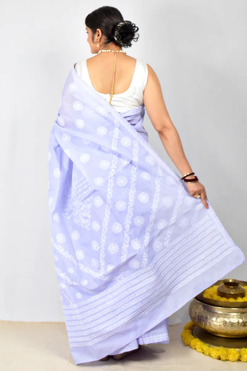 Lavender Cotton saree with hand-embroidered Lucknowi Chikankari and matching blouse – handcrafted ethnic saree by MeMaana