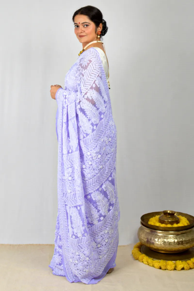 Lavender Georgette saree with allover hand-embroidered Lucknowi Chikankari and matching blouse – handcrafted ethnic saree by MeMaana