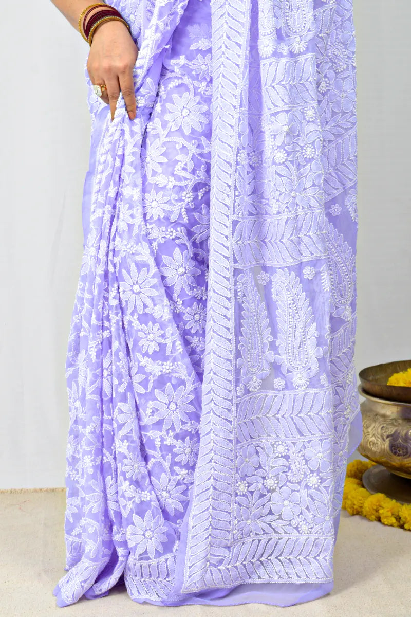 Lavender Georgette saree with allover hand-embroidered Lucknowi Chikankari and matching blouse – handcrafted ethnic saree by MeMaana