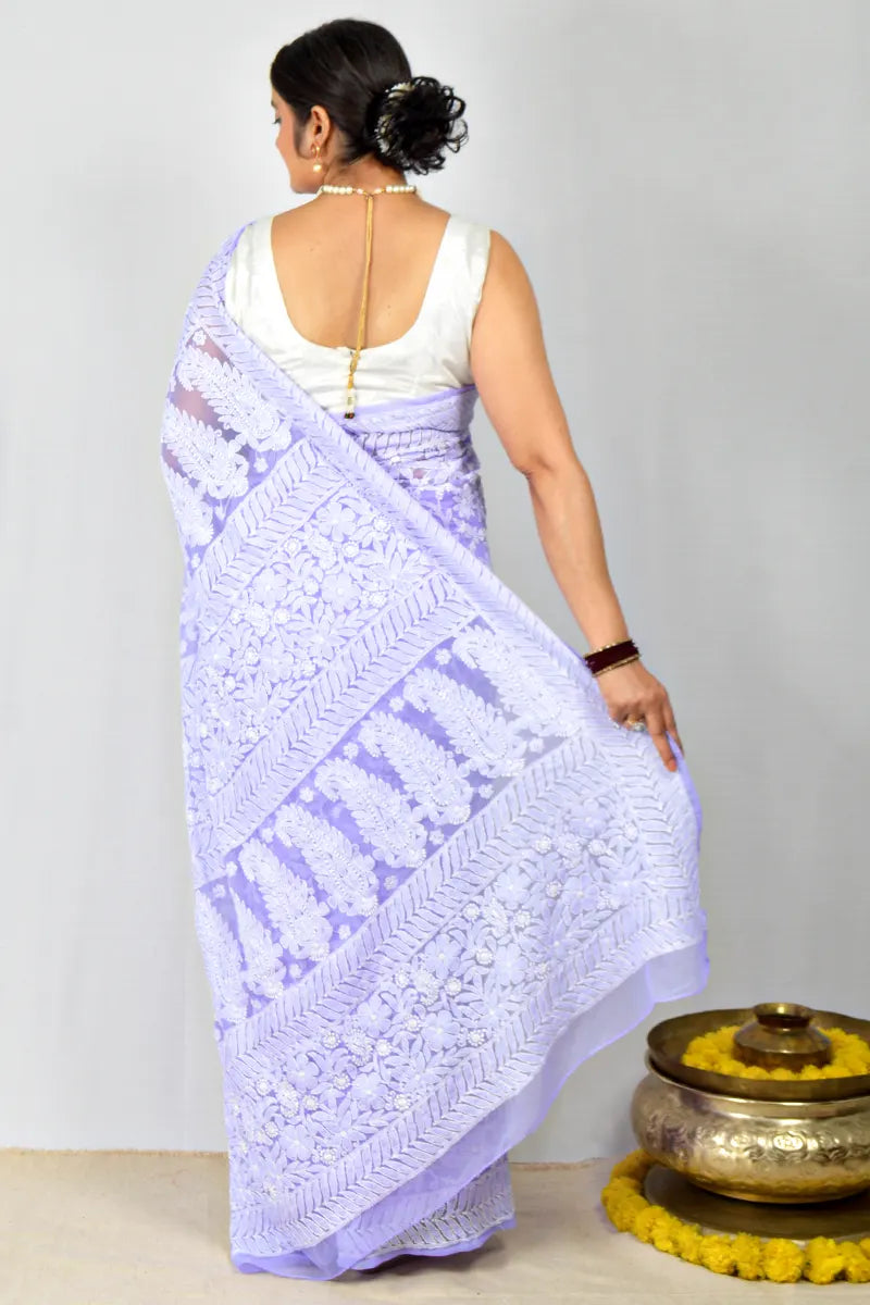 Lavender Georgette saree with allover hand-embroidered Lucknowi Chikankari and matching blouse – handcrafted ethnic saree by MeMaana