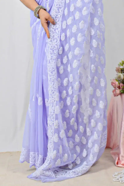 Lavender georgette saree with hand-embroidered Lucknowi Chikankari and matching blouse – handcrafted designer ethnic saree by Fabnuma