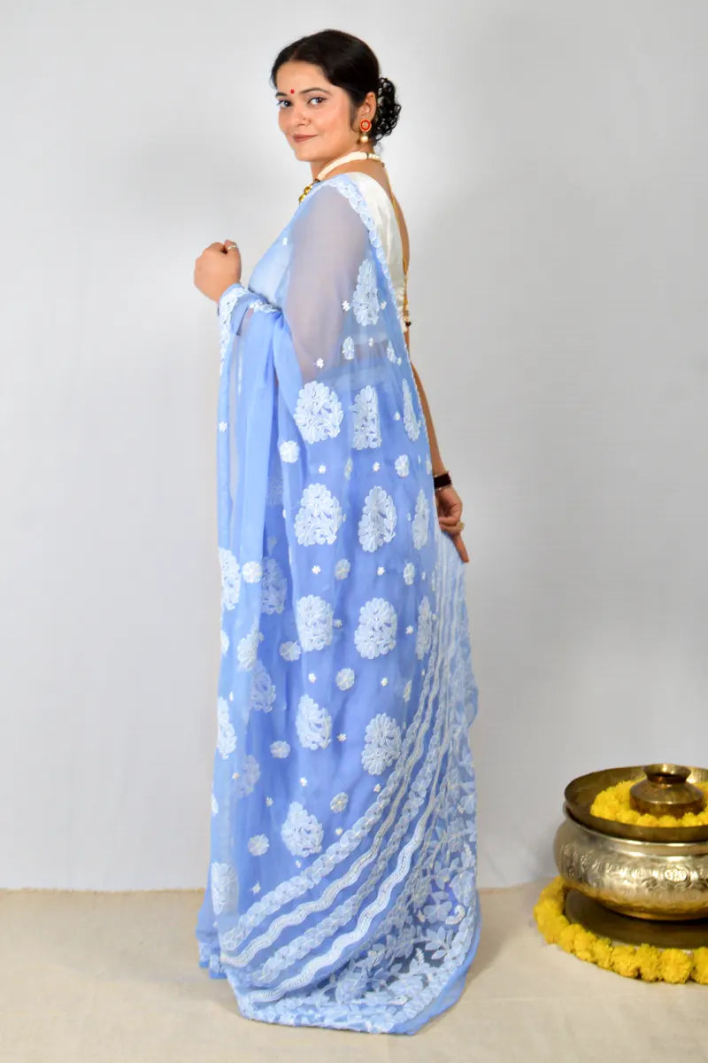 Lavender Georgette saree with allover hand-embroidered Lucknowi Chikankari and matching blouse – handcrafted ethnic saree by MeMaana