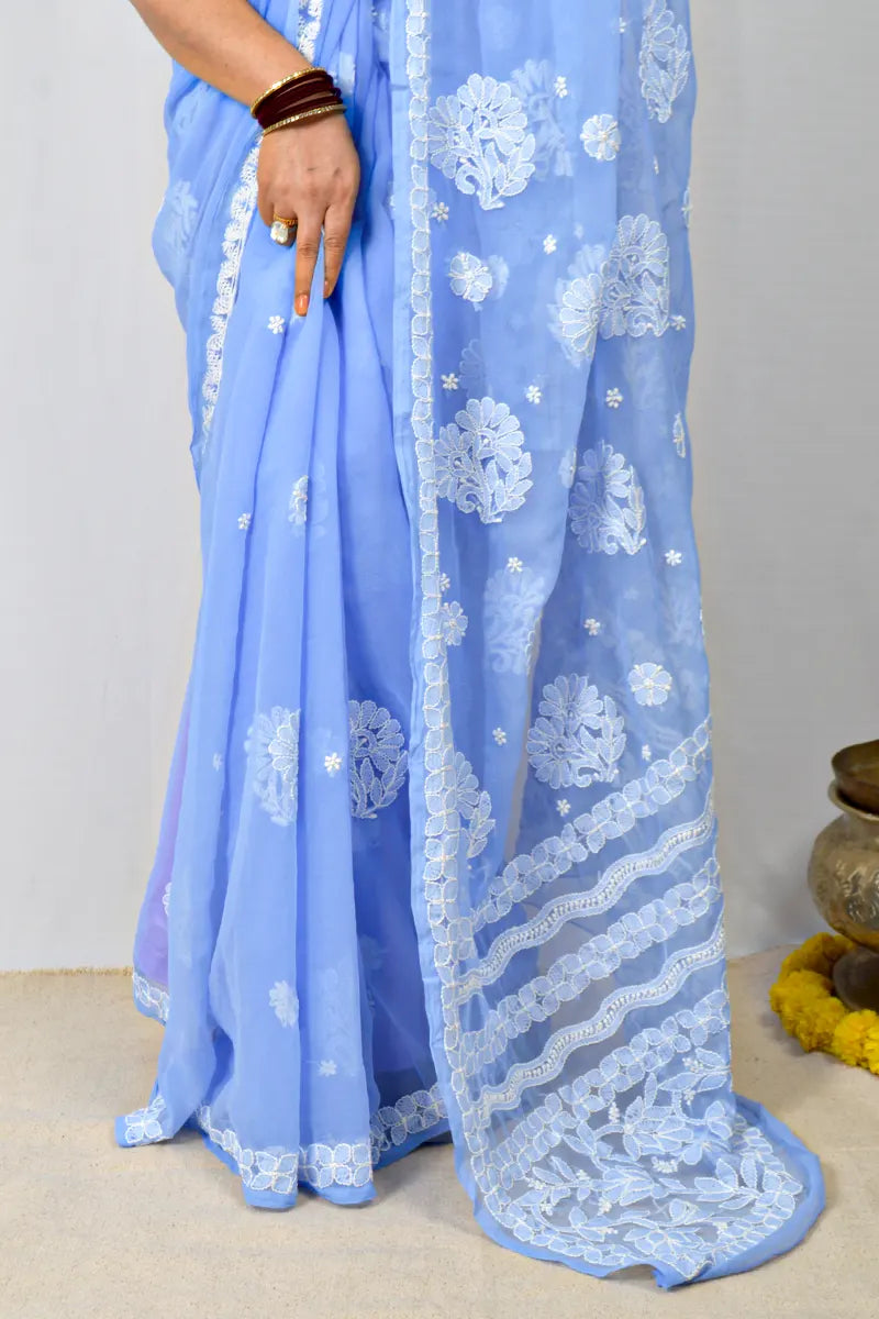 Lavender Georgette saree with allover hand-embroidered Lucknowi Chikankari and matching blouse – handcrafted ethnic saree by MeMaana