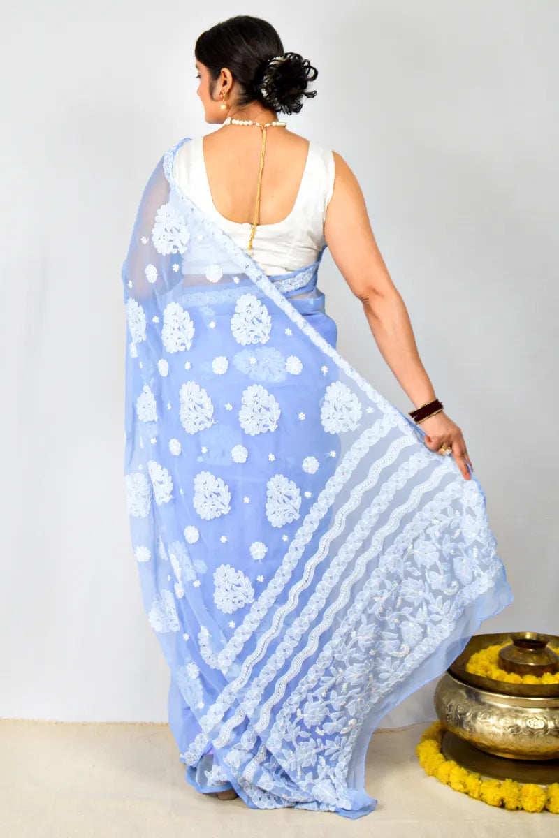 Lavender Georgette saree with allover hand-embroidered Lucknowi Chikankari and matching blouse – handcrafted ethnic saree by MeMaana