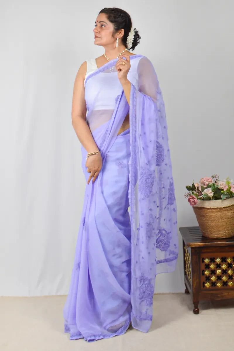Lavender georgette saree with allover handcrafted Lucknowi Chikankari embroidery and matching blouse – ethnic elegance by MeMaana.