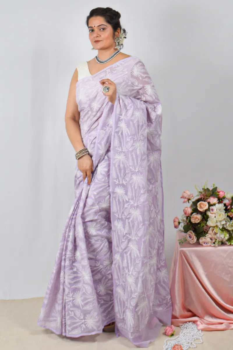 Lavender Kota cotton saree with hand-embroidered Lucknowi Chikankari and matching blouse – handcrafted ethnic saree by Fabnuma

