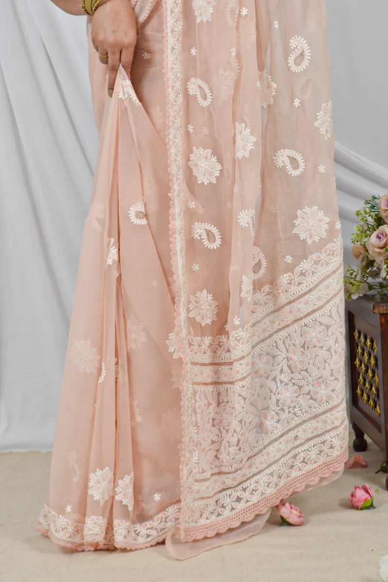 Handcrafted Light Beige Georgette Saree with intricate Lucknowi Chikankari Embroidery and a matching Blouse, ideal for Festive and  occasions.