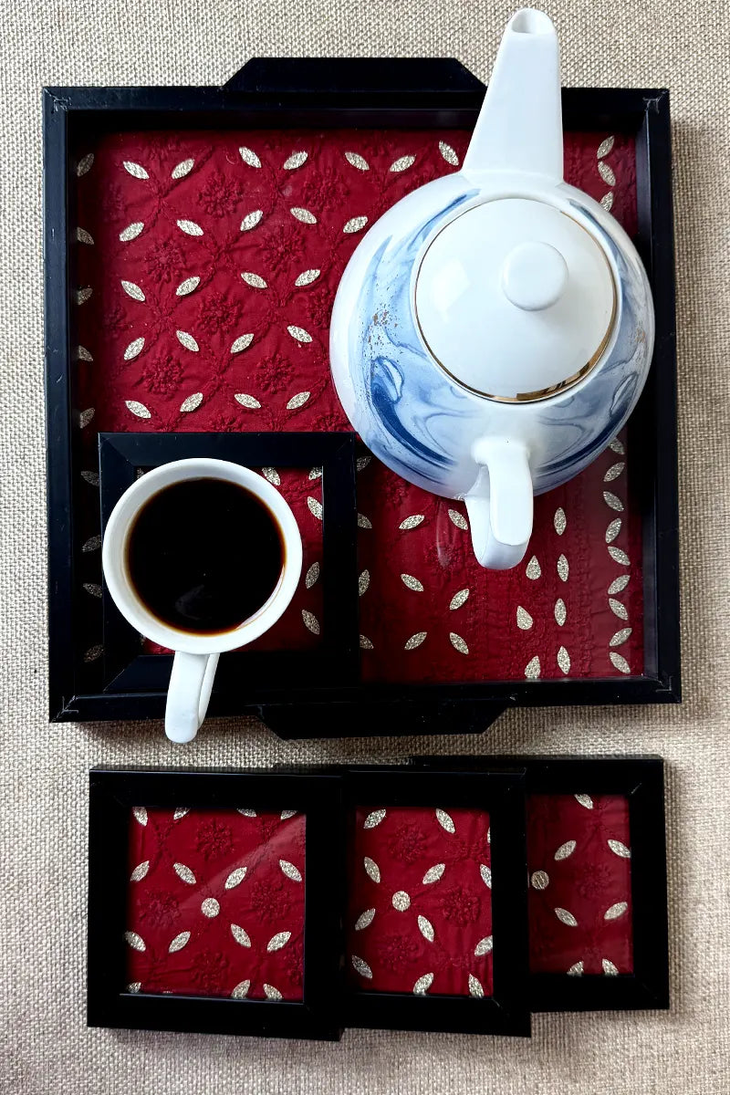 Maroon Handcrafted Lucknowi Chikankari Tray & Tea Coaster Set With hand-embroidered Lucknowi Chikankari