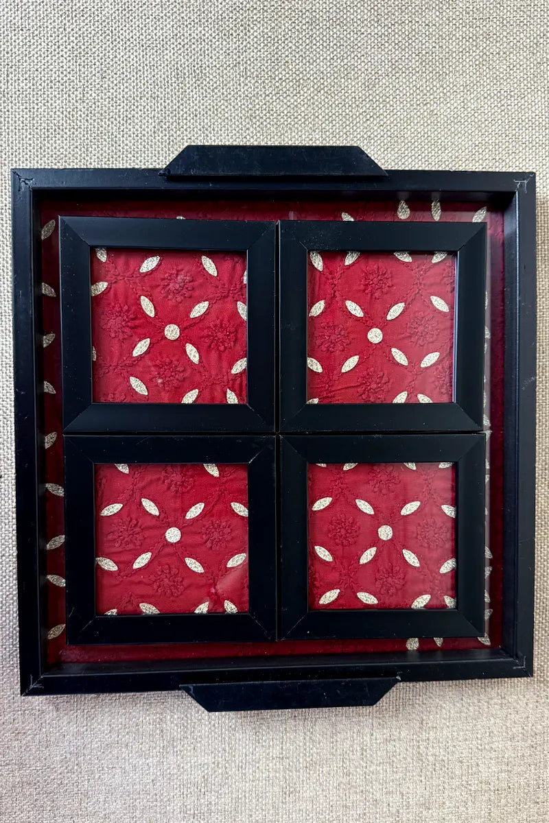 Maroon Handcrafted Lucknowi Chikankari Tray & Tea Coaster Set With hand-embroidered Lucknowi Chikankari