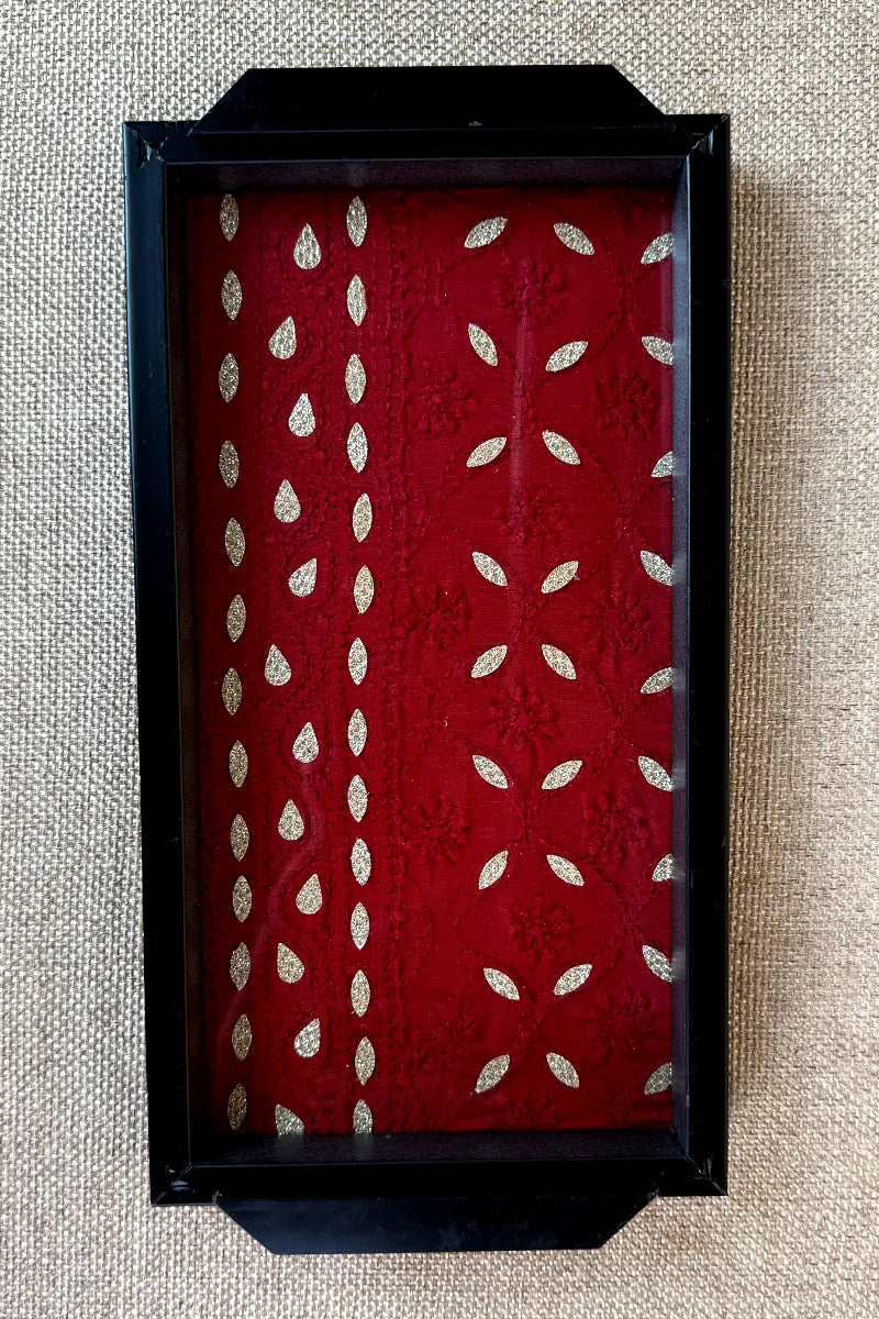 Maroon Handcrafted Lucknowi Chikankari Tray & Tea Coaster Set With hand-embroidered Lucknowi Chikankari