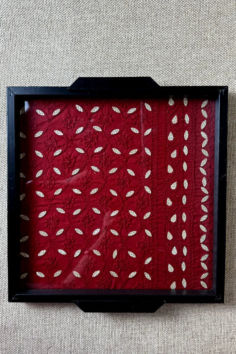Maroon Handcrafted Lucknowi Chikankari Tray & Tea Coaster Set With hand-embroidered Lucknowi Chikankari