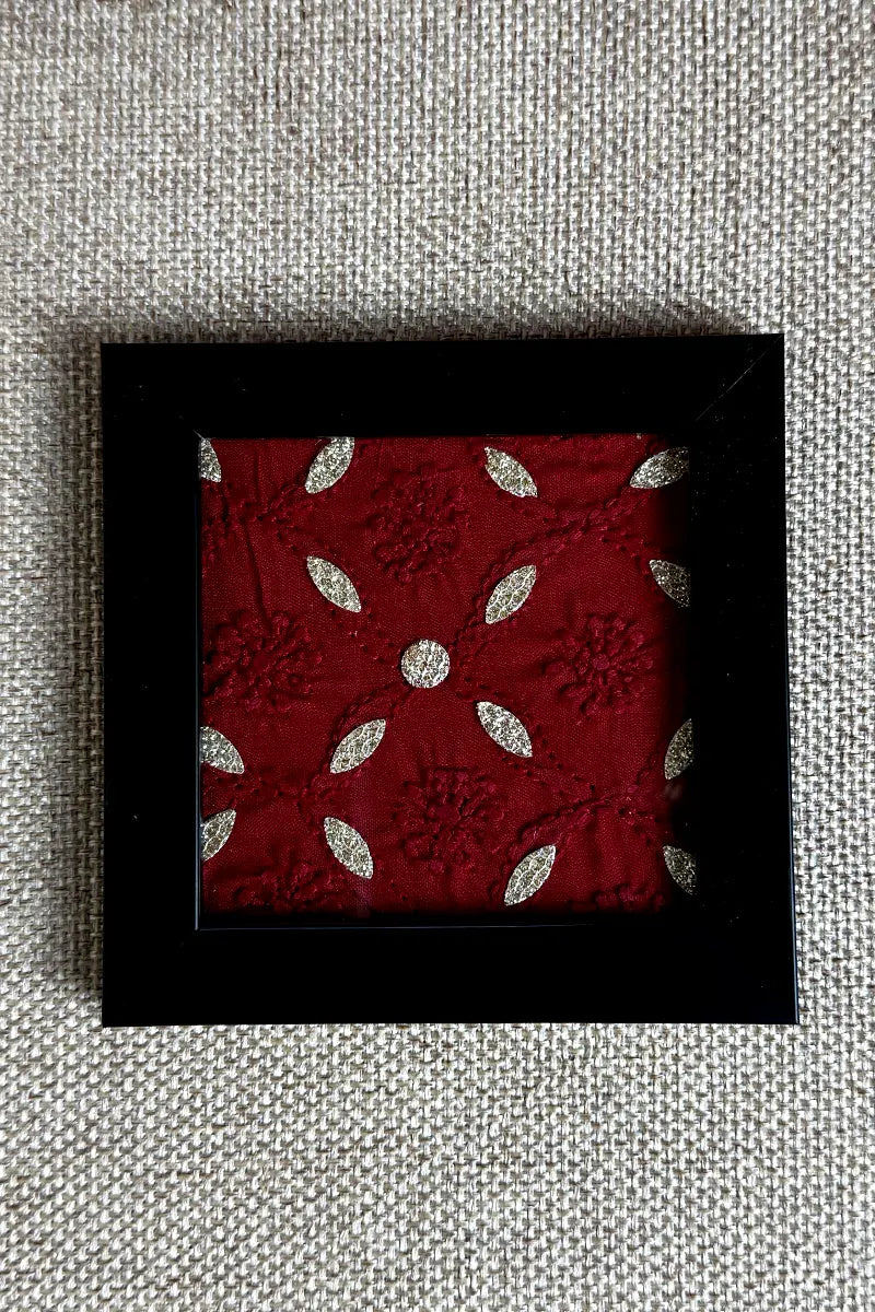 Maroon Handcrafted Lucknowi Chikankari Tray & Tea Coaster Set With hand-embroidered Lucknowi Chikankari