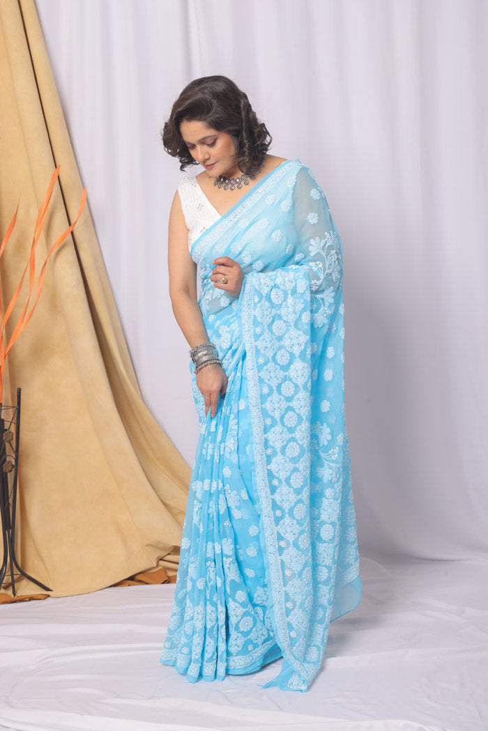 MeMaana Handcrafted Sky Blue Georgette Chikankari Saree-Blouse Memaana