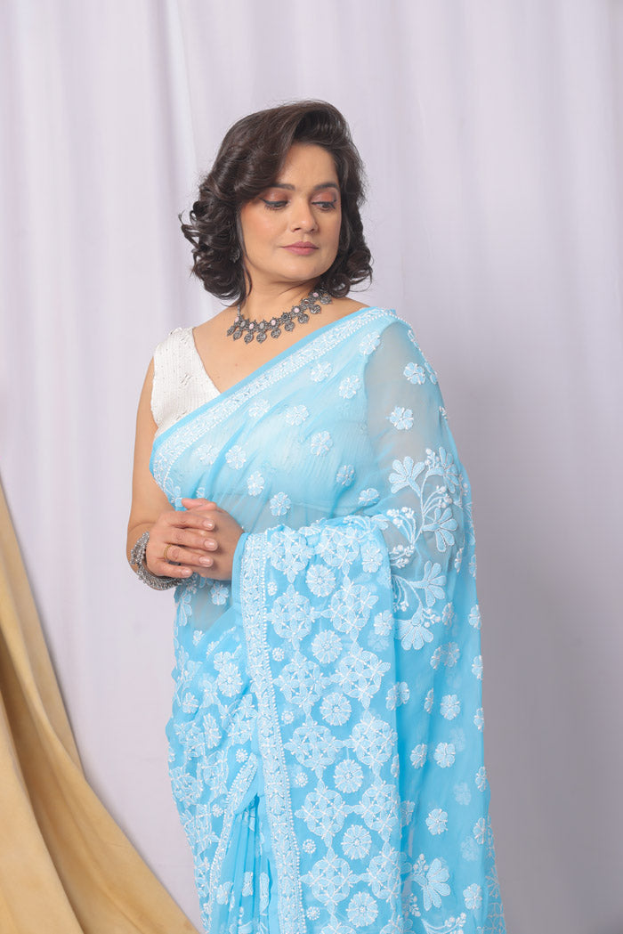 MeMaana Handcrafted Sky Blue Georgette Chikankari Saree-Blouse MeMaana