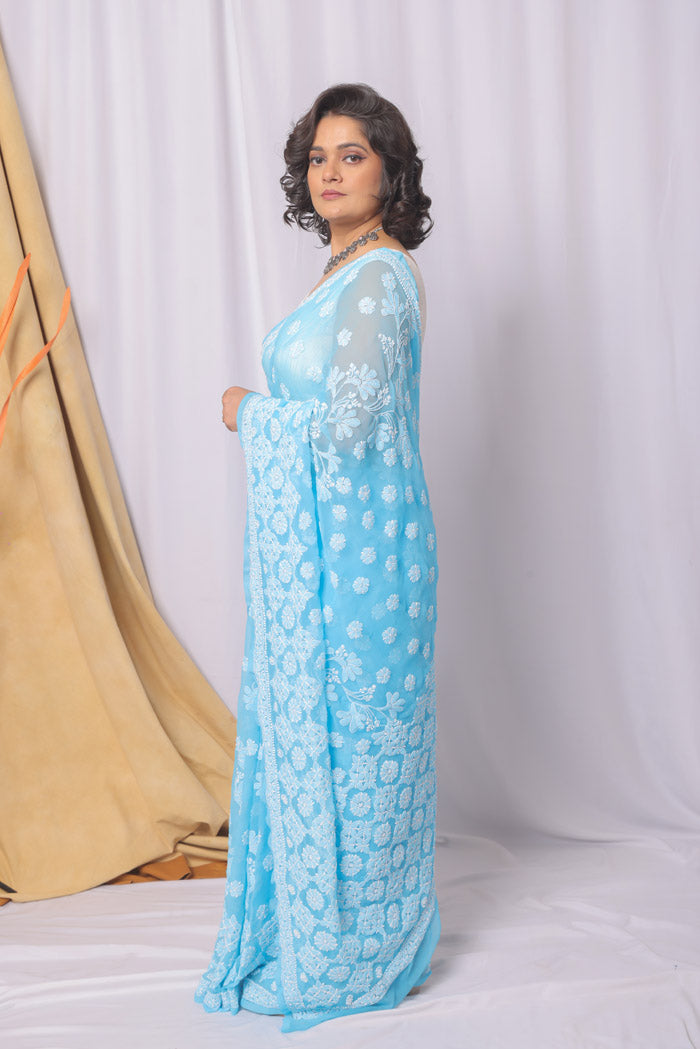 MeMaana Handcrafted Sky Blue Georgette Chikankari Saree-Blouse MeMaana