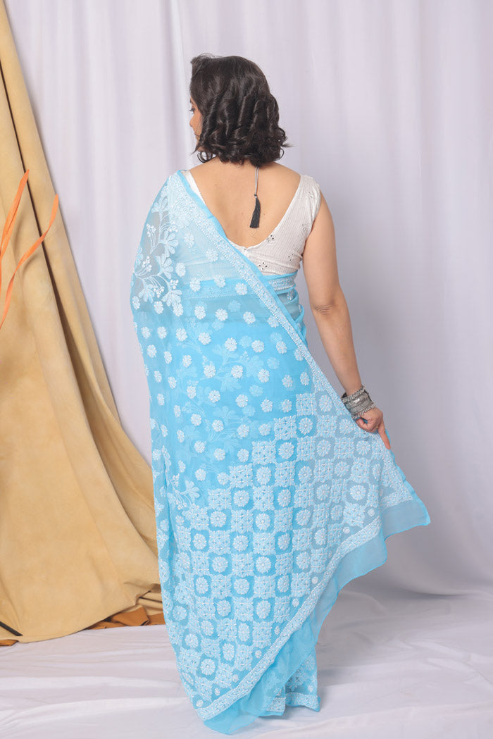 MeMaana Handcrafted Sky Blue Georgette Chikankari Saree-Blouse MeMaana