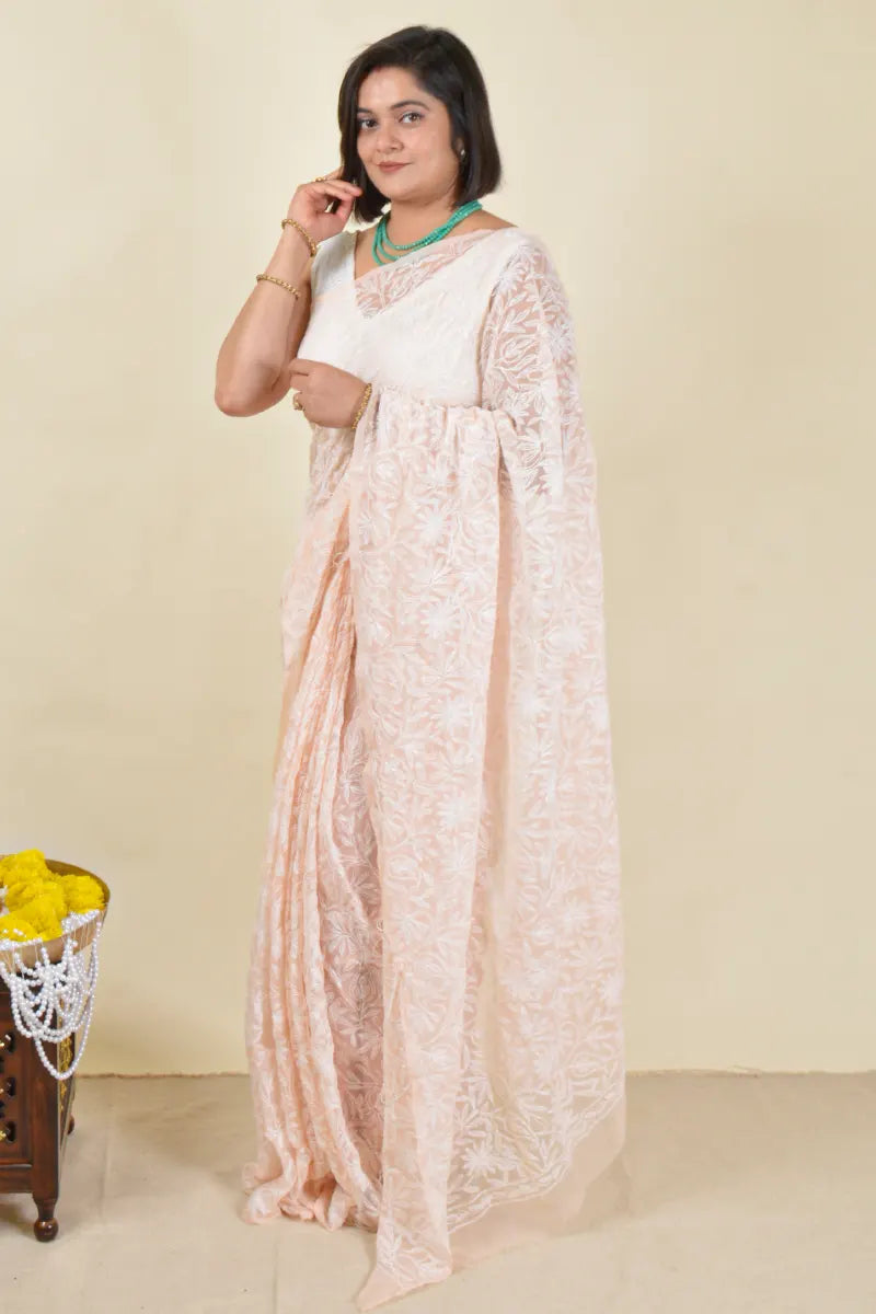 MeMaana Handcrafted Fawn Georgette Tepchi Work Chikankari Saree-Blouse MeMaana