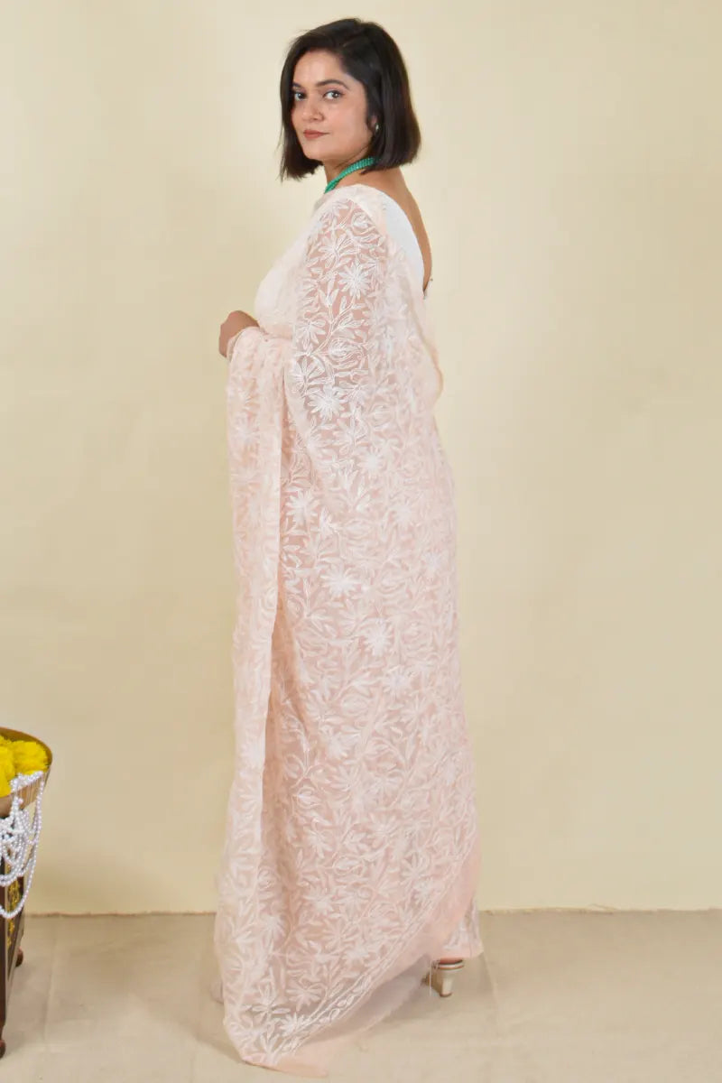 Fabnuma Handcrafted Fawn Georgette Tepchi Work Chikankari Saree-Blouse Fabnuma