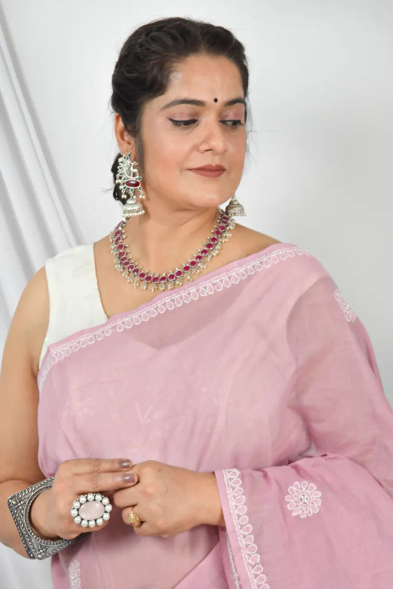 Handcrafted Onion Pink Cotton Designer Saree with intricate Lucknowi Chikankari Embroidery ,With a matching Blouse ideal for Festive and wedding occasions