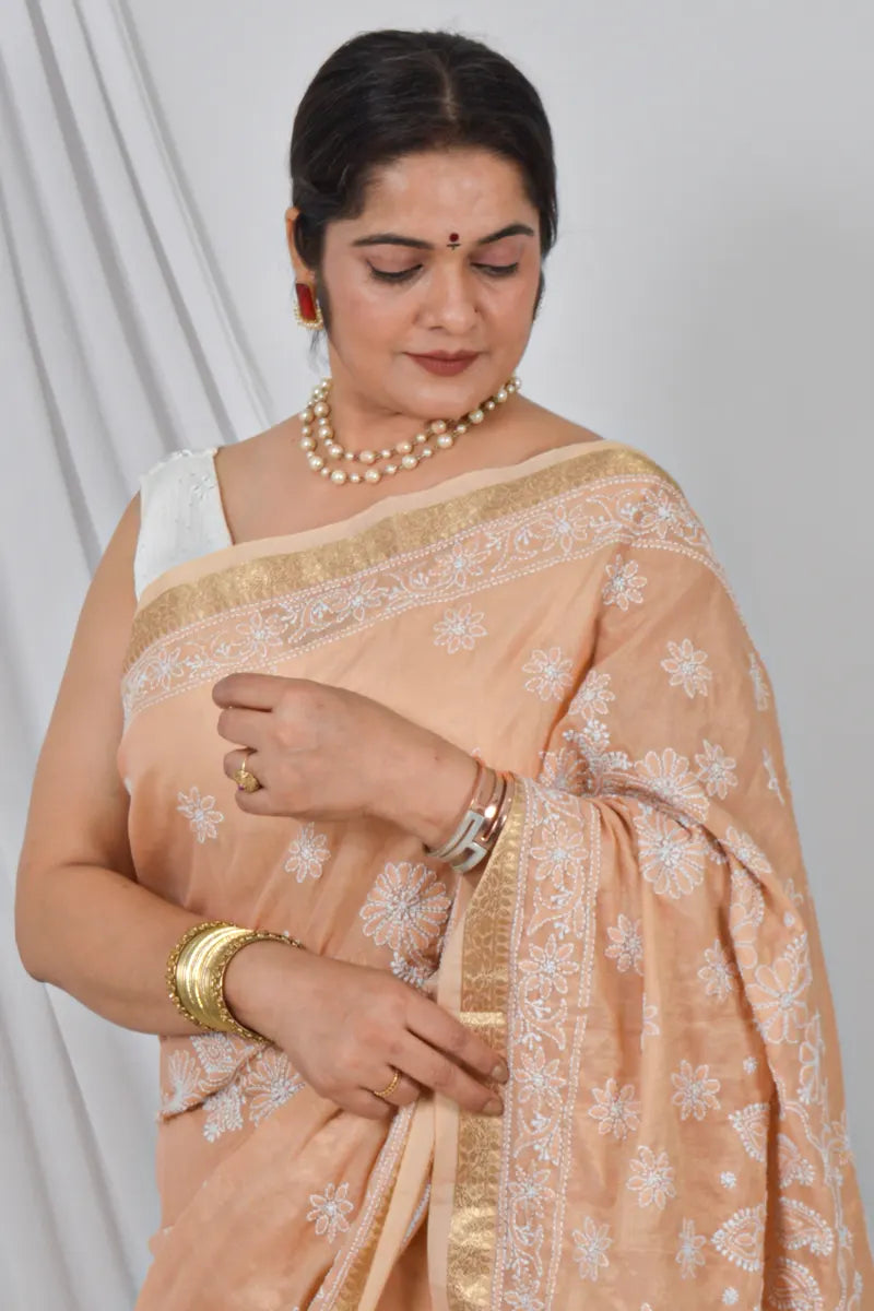 Fabnuma Handcrafted Orange Heavy Palla Chanderi Cotton Saree with Blouse Lucknowi Chikankari