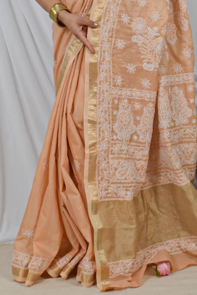 Memaana Handcrafted Orange Heavy Palla Chanderi Cotton Saree with Blouse Lucknowi Chikankari