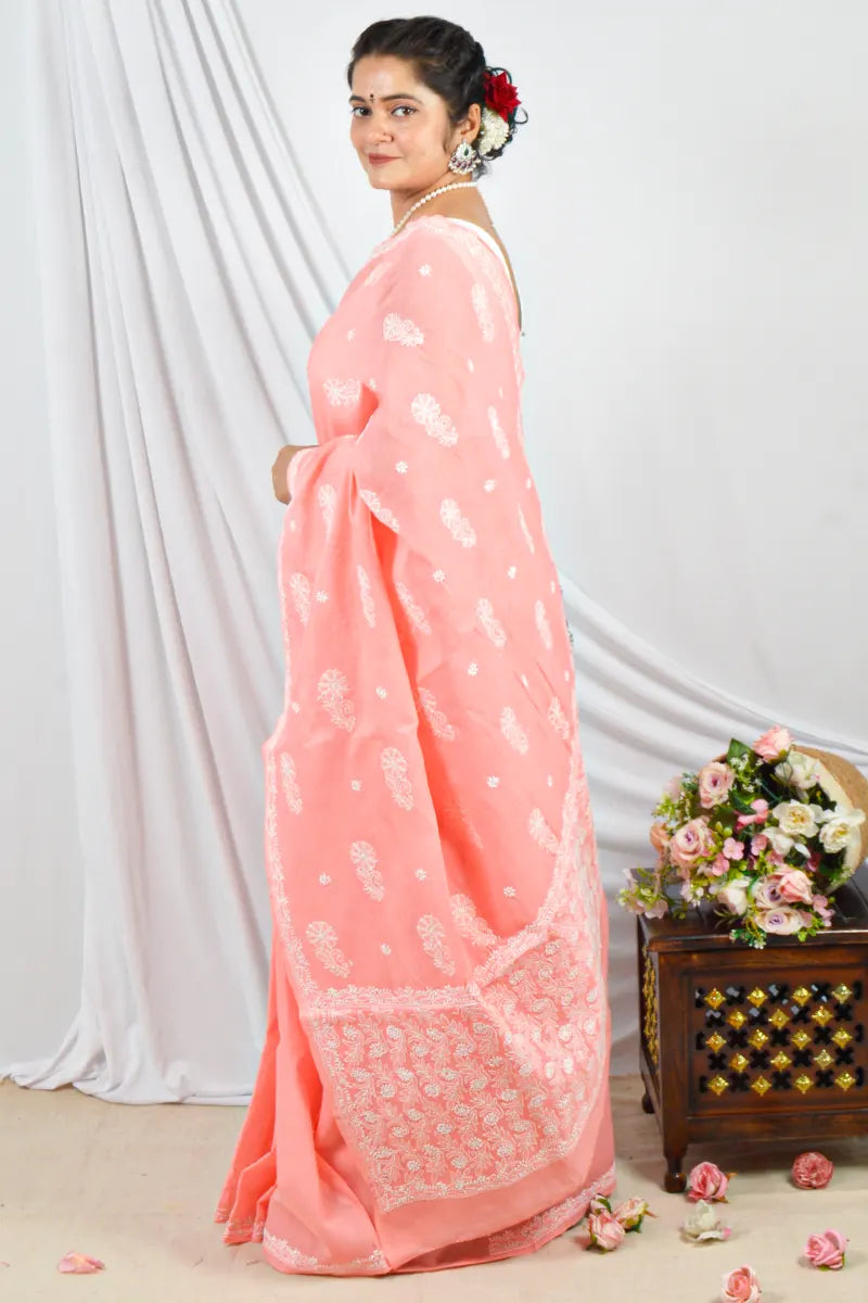 Handcrafted Orange Cotton Saree with intricate Lucknowi Chikankari Embroidery and a matching Blouse, ideal for Festive and  occasions.