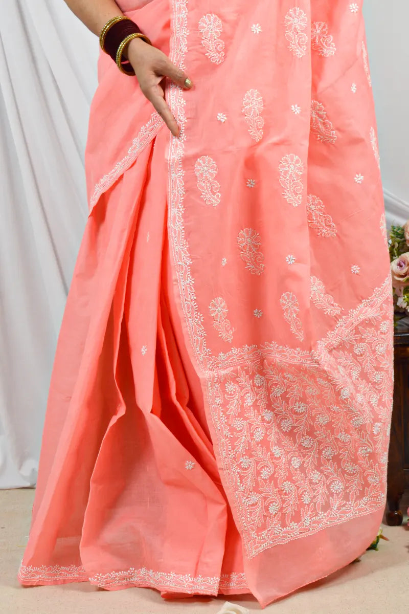 Handcrafted Orange Cotton Saree with intricate Lucknowi Chikankari Embroidery and a matching Blouse, ideal for Festive and  occasions.