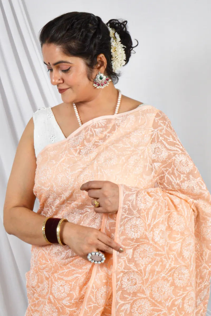 Orange Kota Cotton Tepchi Chikankari saree without blouse – handcrafted ethnic wear by Fabnuma