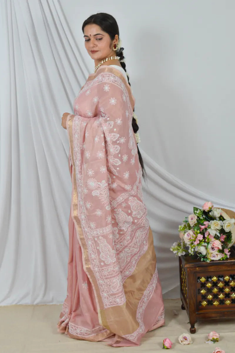 Memaana Handcrafted Peach Border Palla Chanderi Cotton Saree with Blouse Lucknowi Chikankari