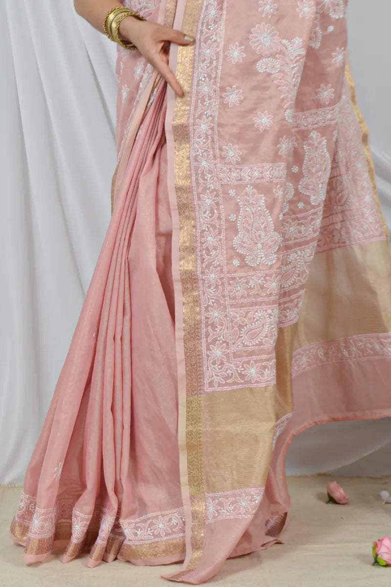 Memaana Handcrafted Peach Border Palla Chanderi Cotton Saree with Blouse Lucknowi Chikankari